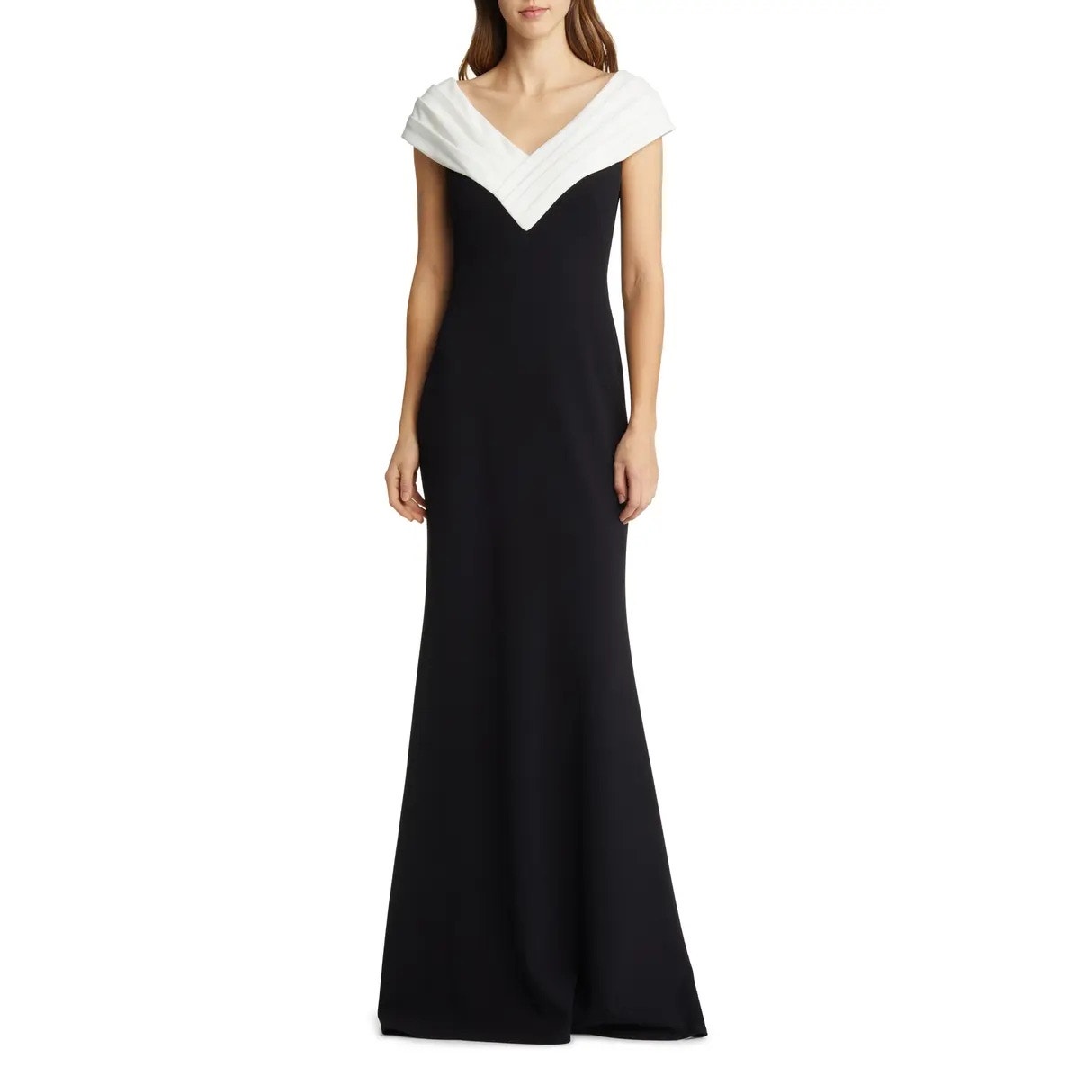 Tadashi Shoji Black White Two-Tone Portrait V-Neck Formal Evening Gown Size S